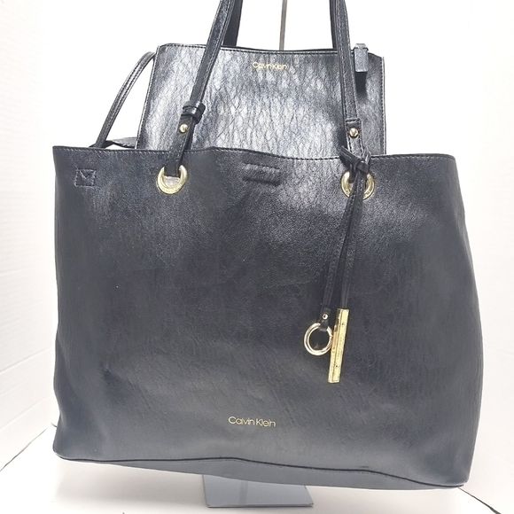 Calvin Klein Black Leather Tote with Gold Hardware + Matching Pouch - Picture 2 of 13